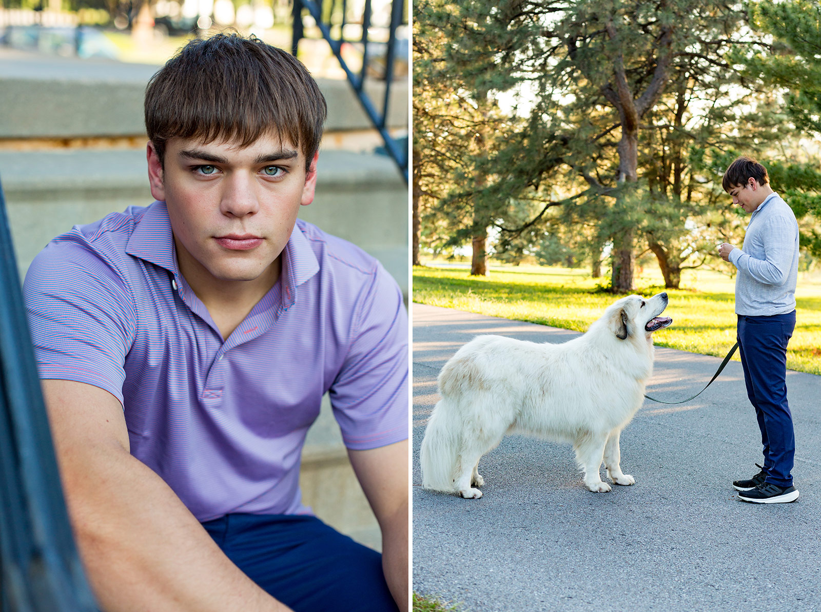 Miles holding his dog's attention during his senior pictures.