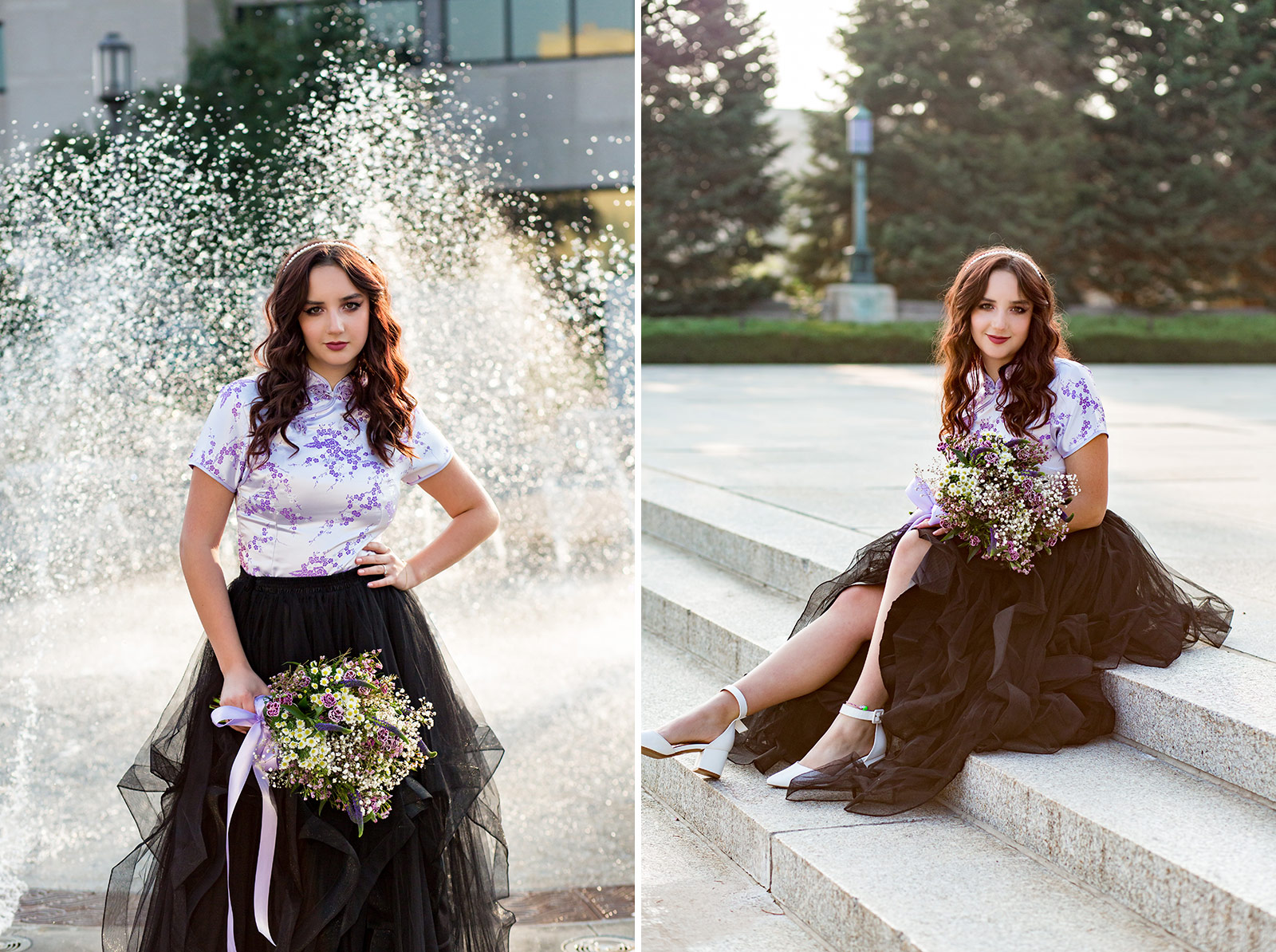 Isabella is silhouetted by glowing droplets of a fountain, and she sits on a staircase posing with her bouquet.