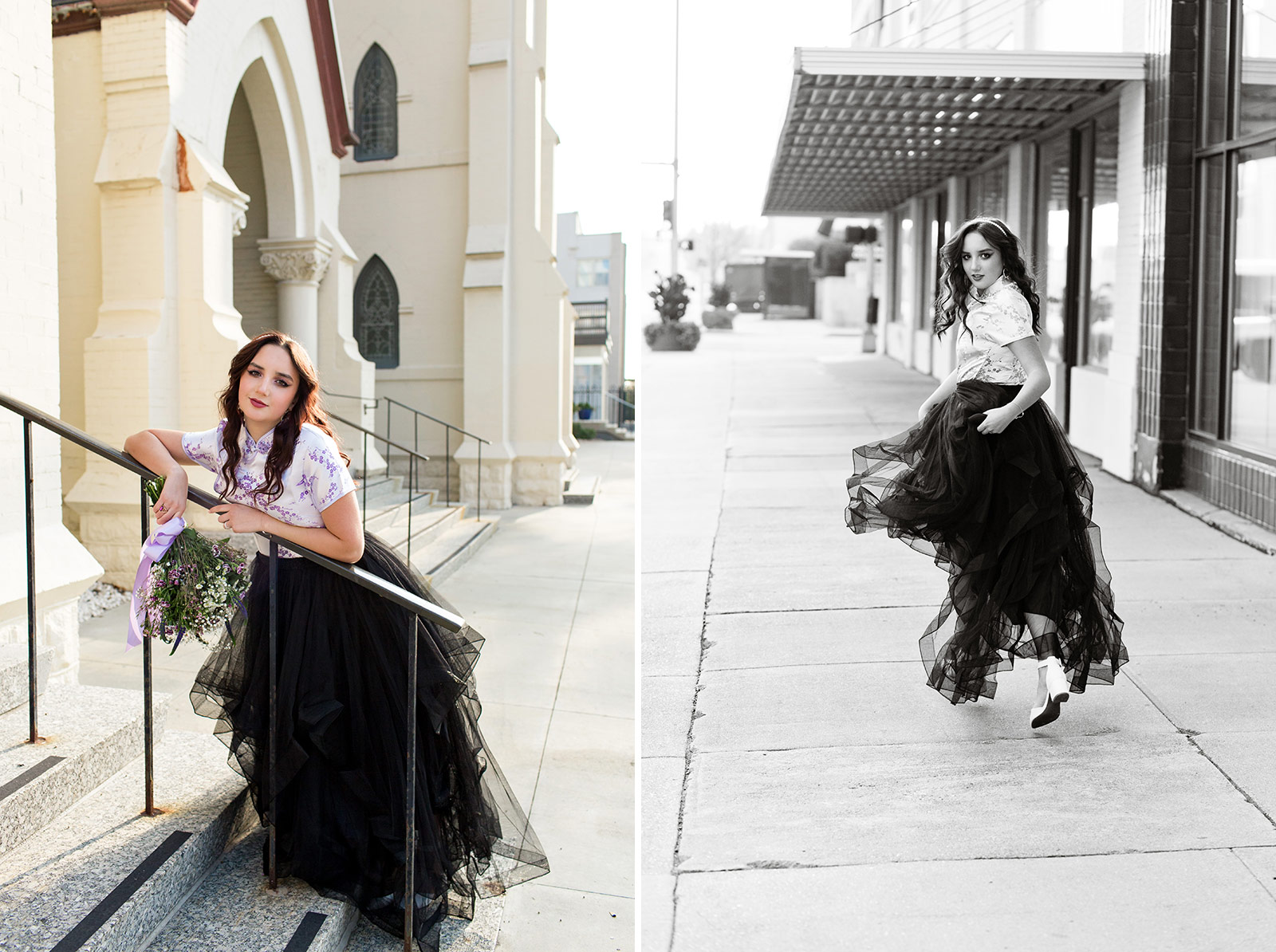 Bella leans dramatically on a church railing, and runs along a downtown street.
