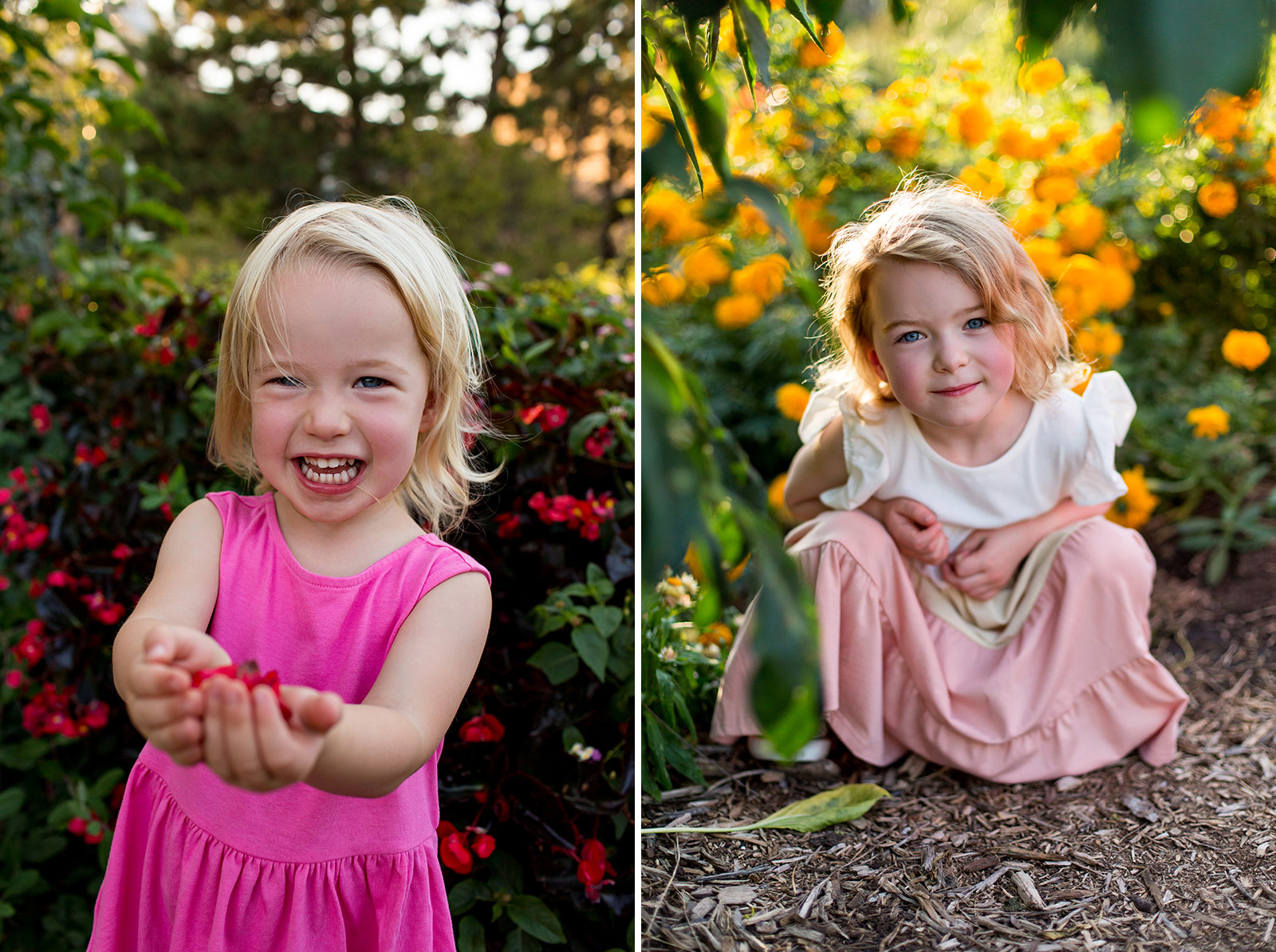 Rose happily holds out some flower petals, and Henrietta crouches by orange flowers.