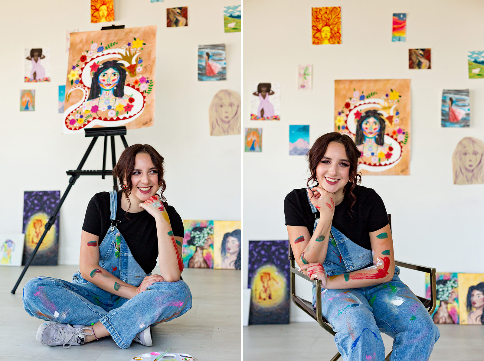 Isabella proudly displays her paintings in a studio.