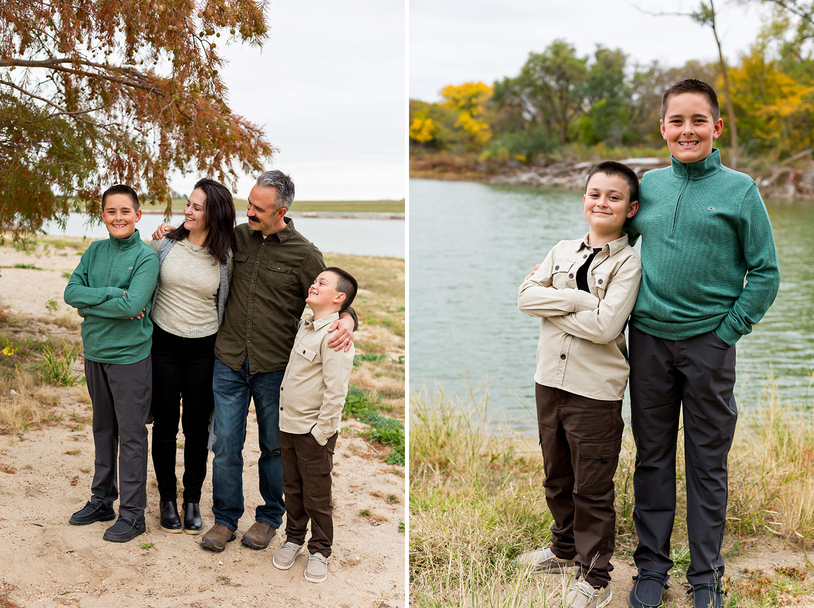 Mom, dad and Eli look laughingly at Sam, and Eli leans against  Sam in front of the lake.