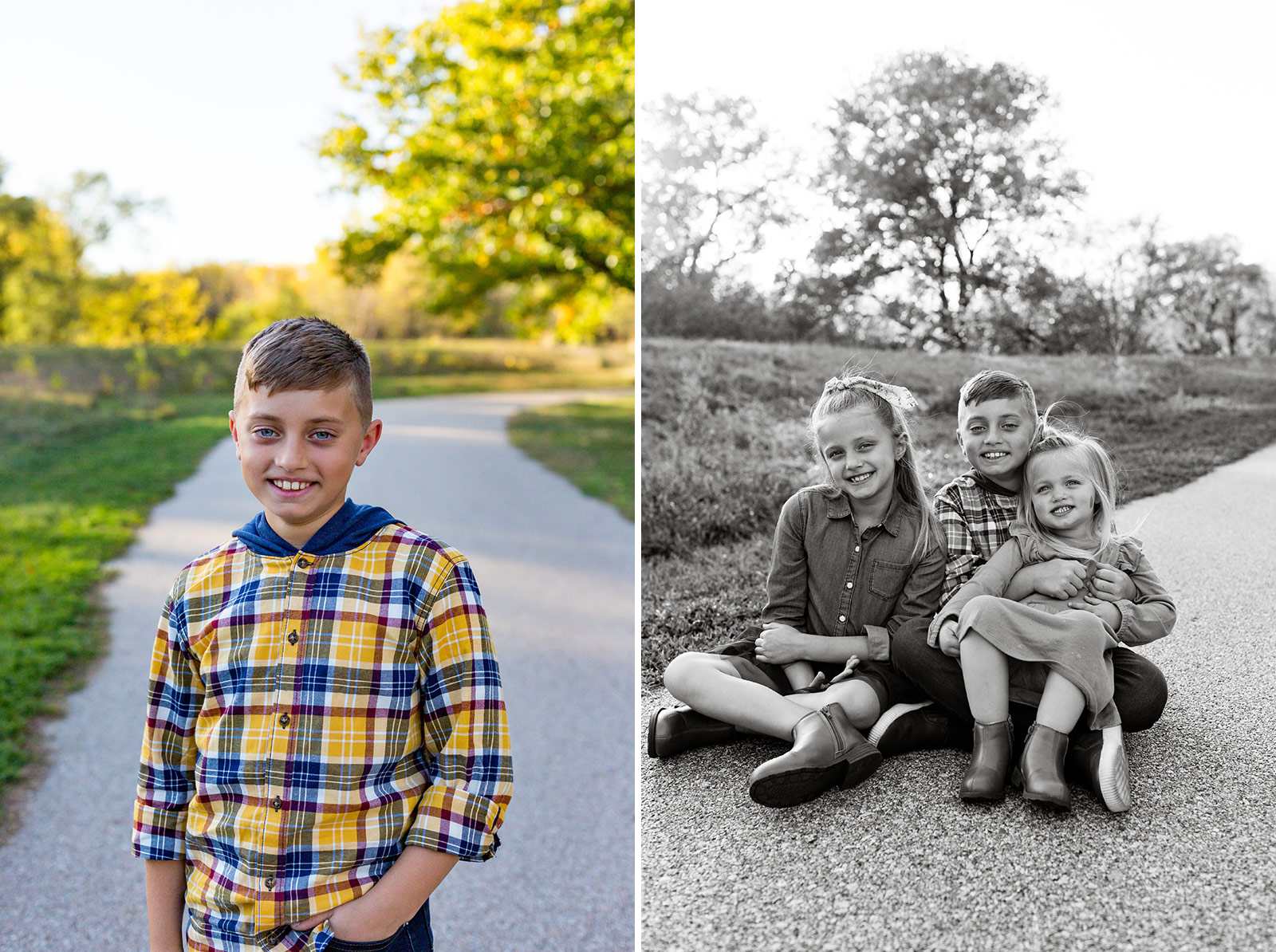 Christian poses naturally on the sidewalk, and the three siblings sit close together smiling.