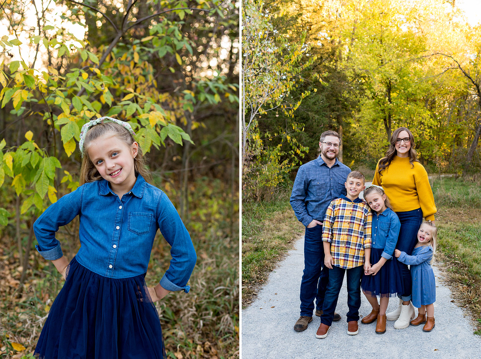 Elise poses for a portrait and the family stands holding hands on a path surrounded by yellow leaves.