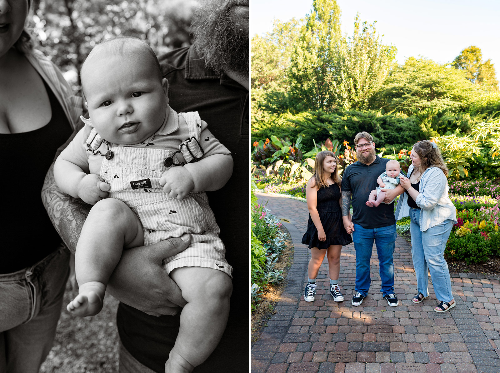 Collage from a relaxed family photography session at Sunken Gardens in Lincoln, Nebraska featuring a close-up black-and-white portrait of the baby and the family of four together in the gardens.