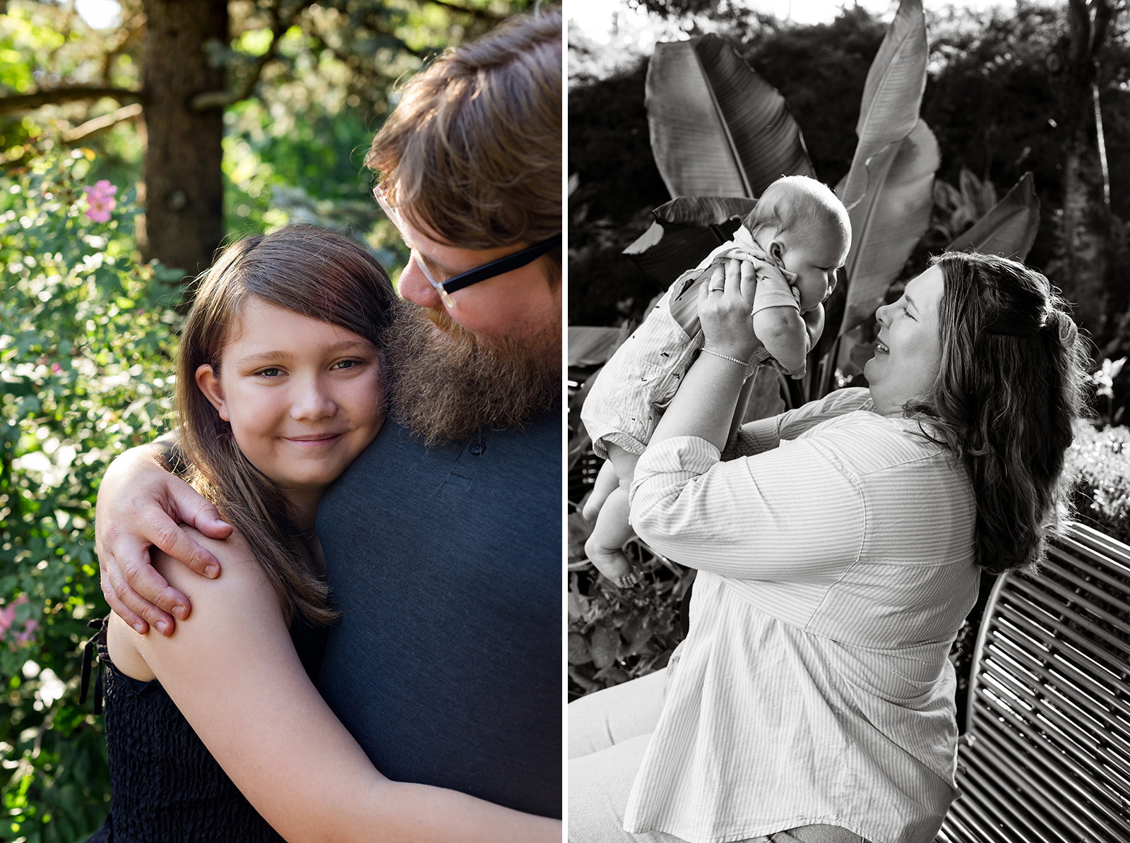 Collage from a joyful family photography session at Sunken Gardens in Lincoln, Nebraska featuring an older daughter sharing a quiet moment with her dad and a playful black-and-white portrait of mom lifting her baby.