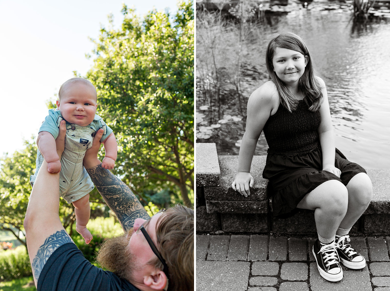 Collage from a playful family session at Sunken Gardens in Lincoln, Nebraska featuring dad lifting his smiling baby beneath the trees and a black-and-white portrait of the older sister by the pond.