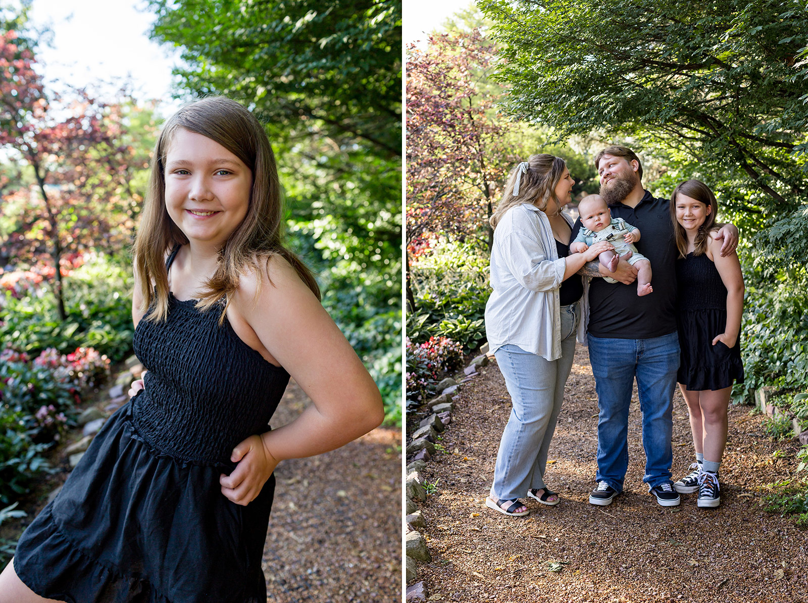 Collage from a natural family photography session at Sunken Gardens in Lincoln, Nebraska featuring a smiling portrait of the older sister and the family of four sharing a relaxed moment along a shaded garden path.